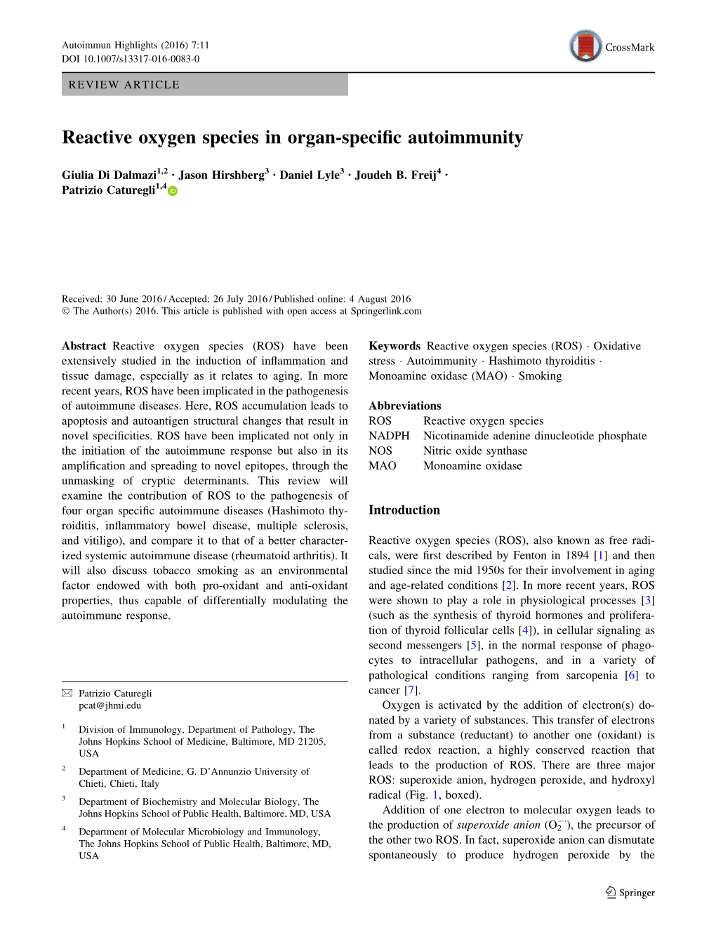 Reactive Oxygen Species in Organ-Specific Autoimmunity
