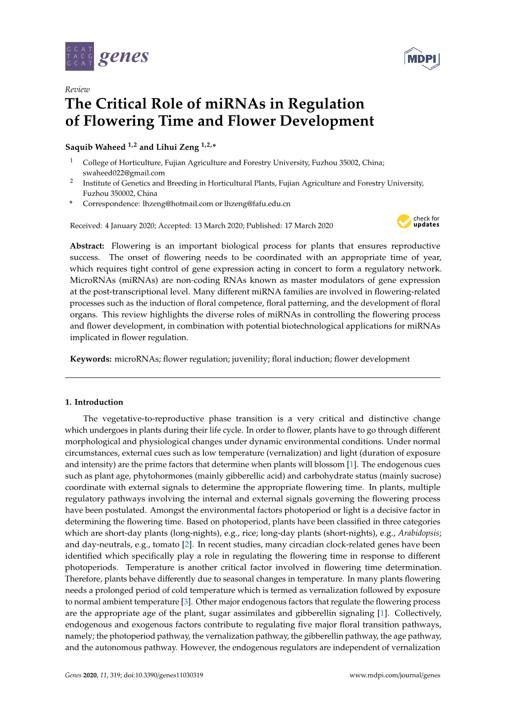 The Critical Role of Mirnas in Regulation of Flowering Time and Flower Development