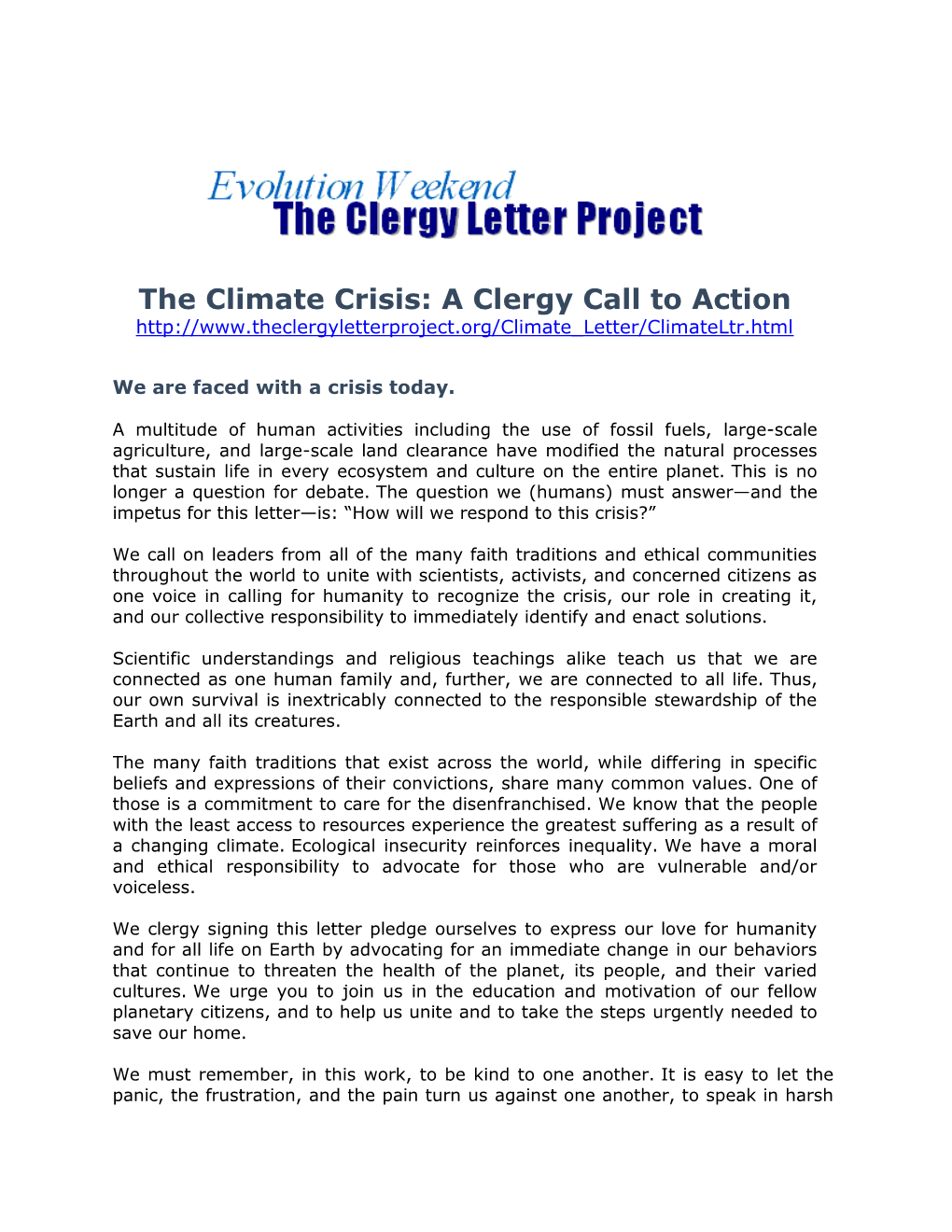 The Climate Crisis: a Clergy Call to Action