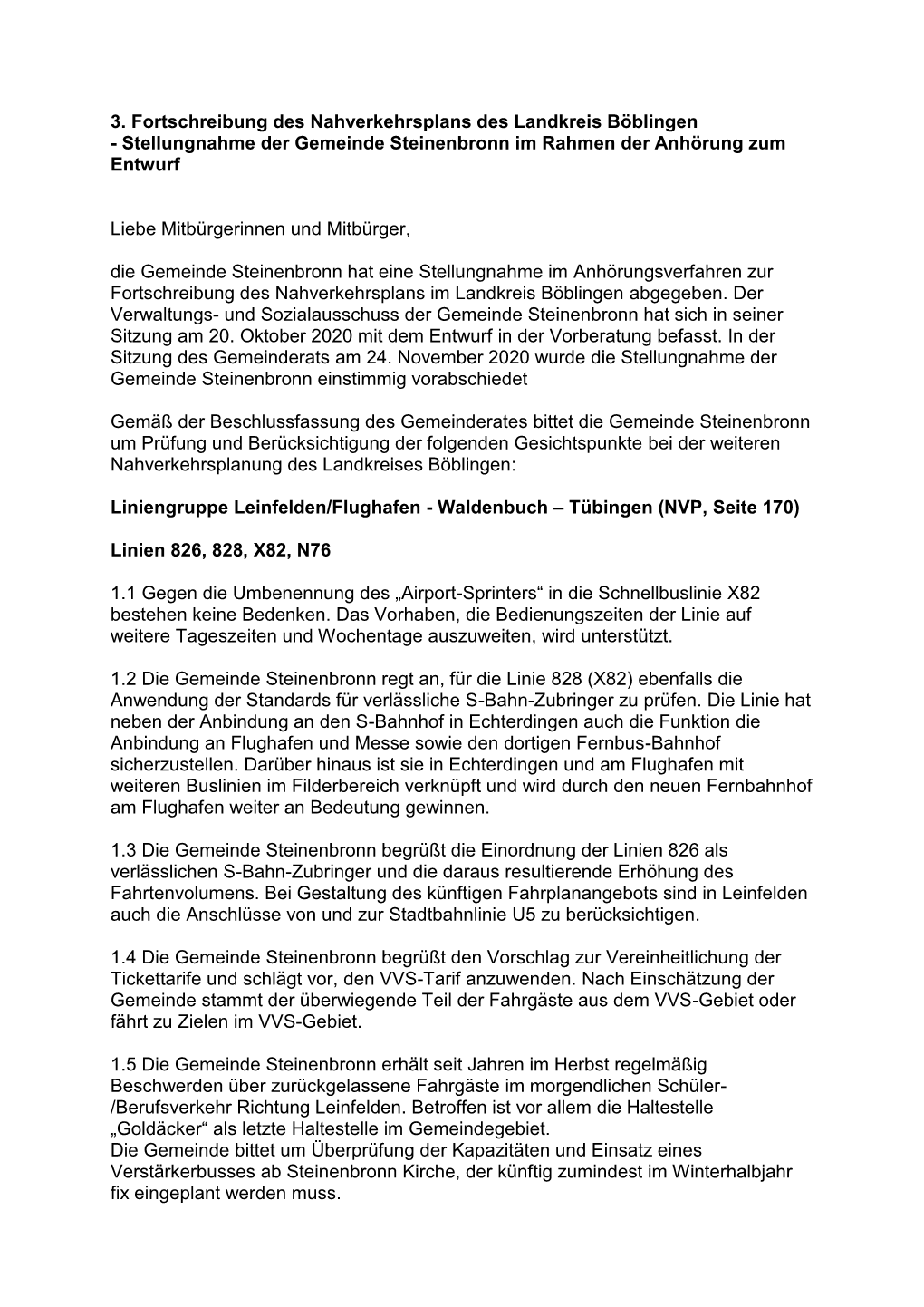 3. Fortschreibung Des Nahverkehrsplans Des Landkreis Böblingen - Stellungnahme Der Gemeinde Steinenbronn Im Rahmen Der Anhörung Zum Entwurf