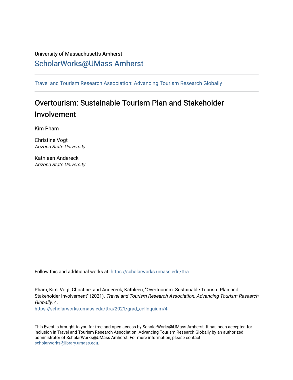 Overtourism: Sustainable Tourism Plan and Stakeholder Involvement