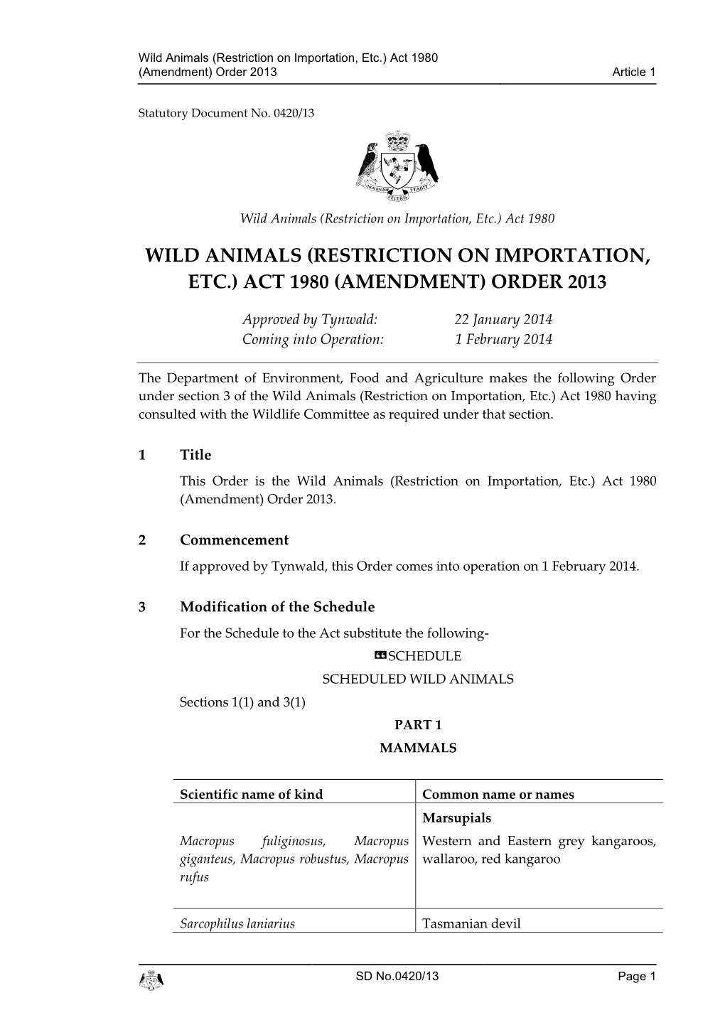 Wild Animals (Restriction on Importation, Etc.) Act 1980 (Amendment) Order 2013 Article 1