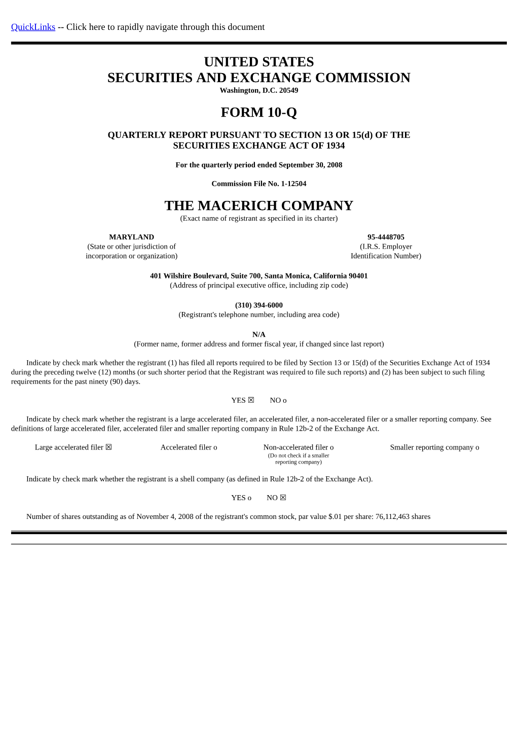 United States Securities and Exchange Commission Form 10-Q the Macerich Company