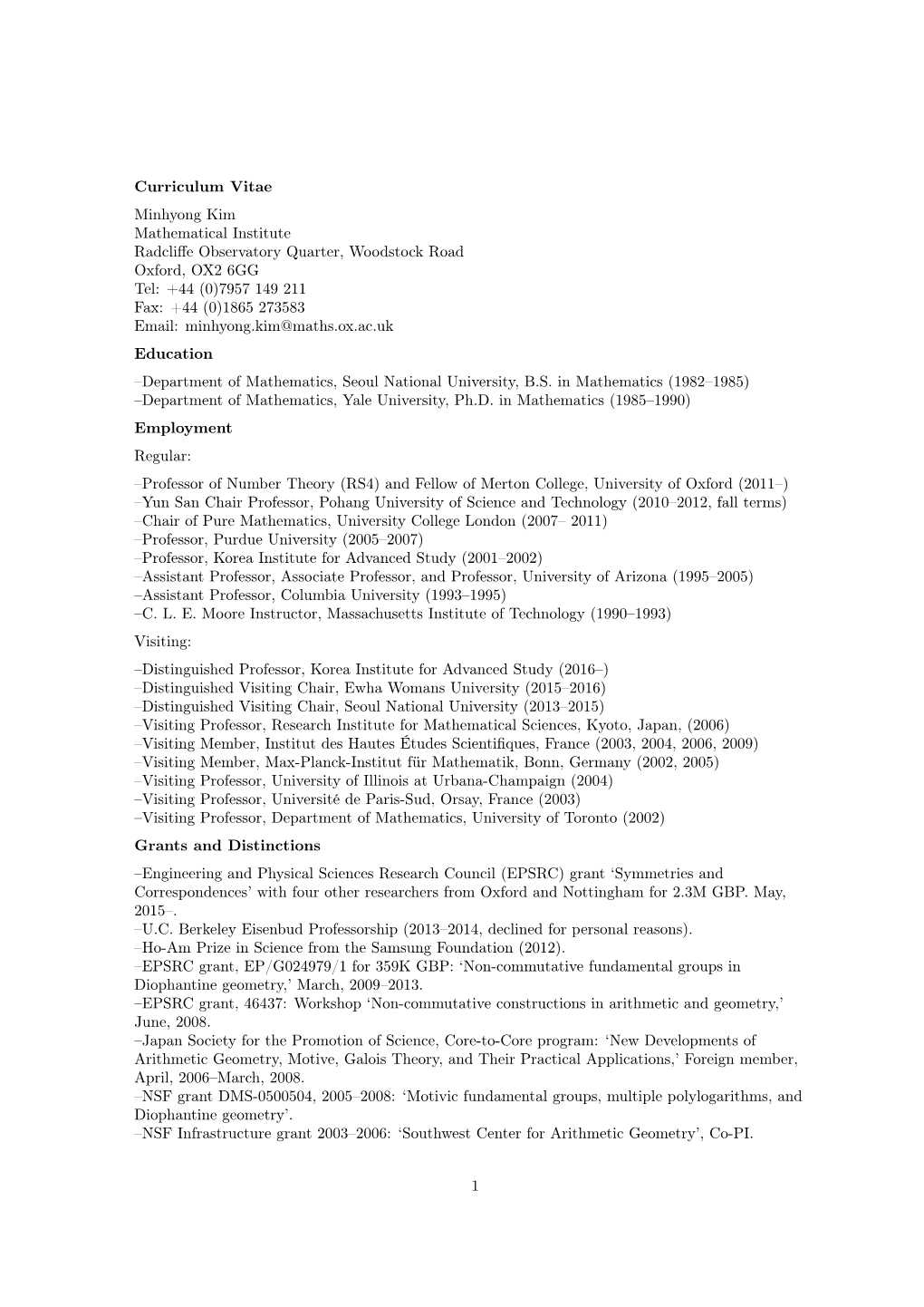 Curriculum Vitae Minhyong Kim Mathematical Institute Radcliffe