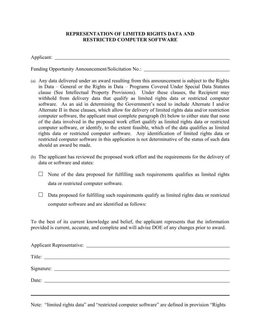 Representation of Limited Rights Data and Restricted Computer Software