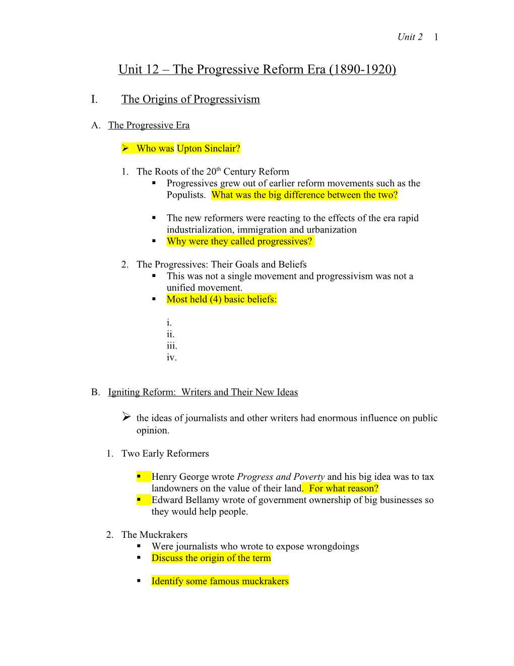 Unit 12 the Progressive Reform Era (1890-1920)