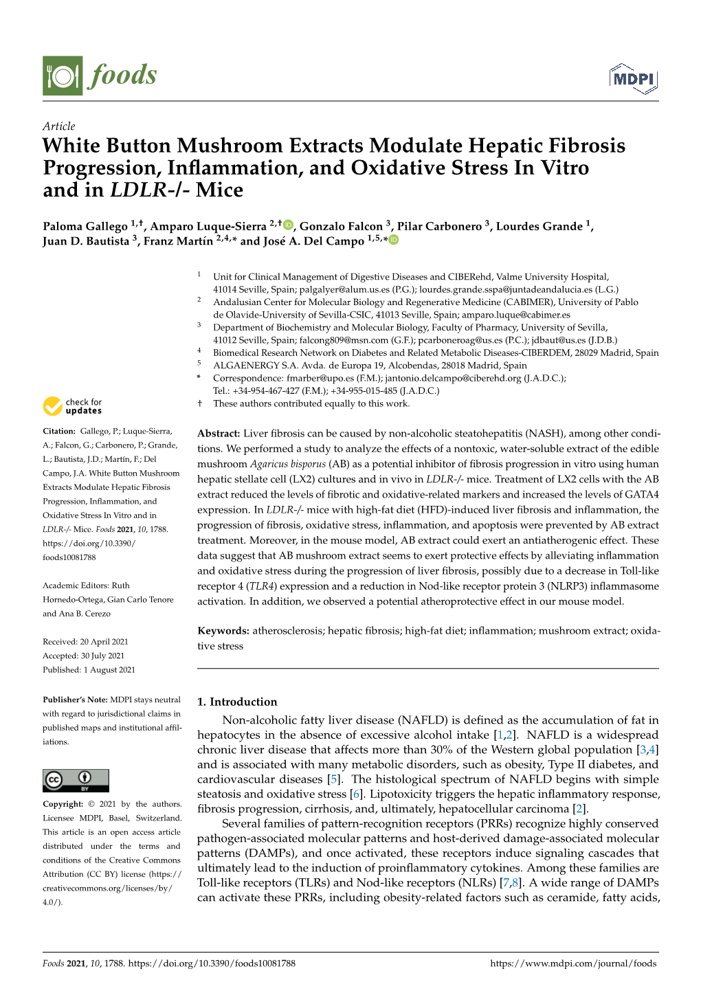 White Button Mushroom Extracts Modulate Hepatic Fibrosis Progression, Inﬂammation, and Oxidative Stress in Vitro and in LDLR-/- Mice