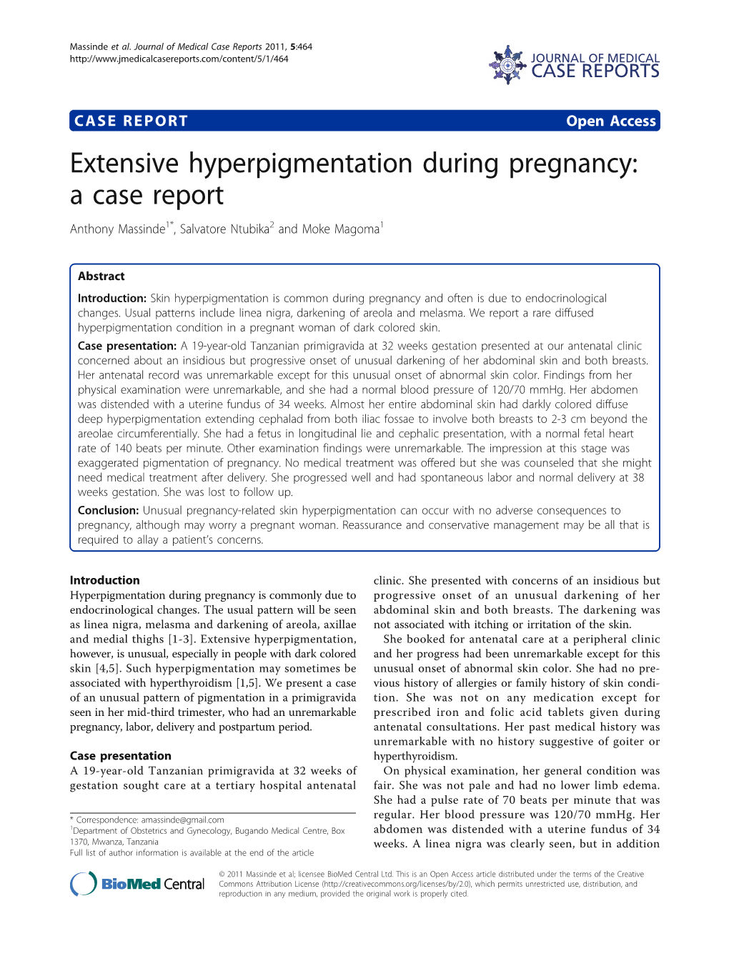 Extensive Hyperpigmentation During Pregnancy: a Case Report Anthony Massinde1*, Salvatore Ntubika2 and Moke Magoma1