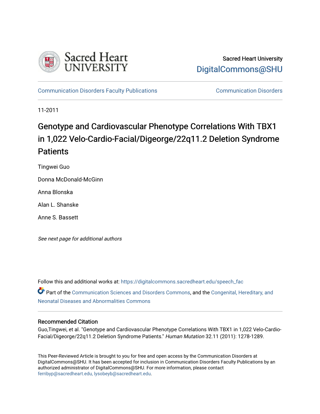 Genotype and Cardiovascular Phenotype Correlations with TBX1 in 1,022 Velo-Cardio-Facial/Digeorge/22Q11.2 Deletion Syndrome Patients