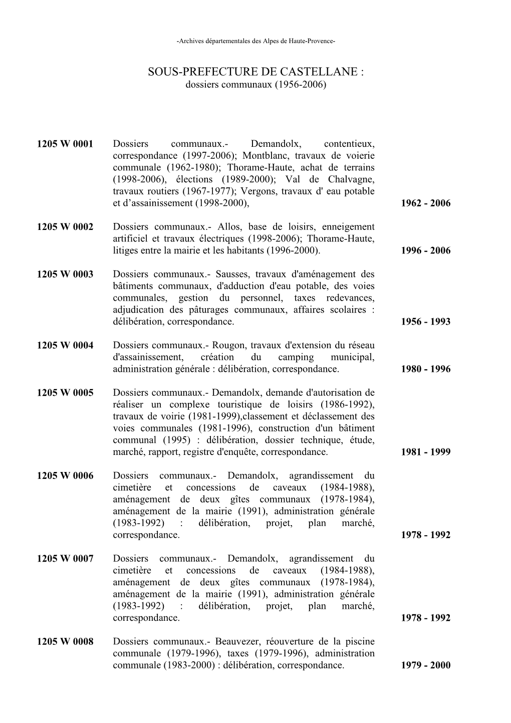 SOUS-PREFECTURE DE CASTELLANE : Dossiers Communaux (1956-2006)