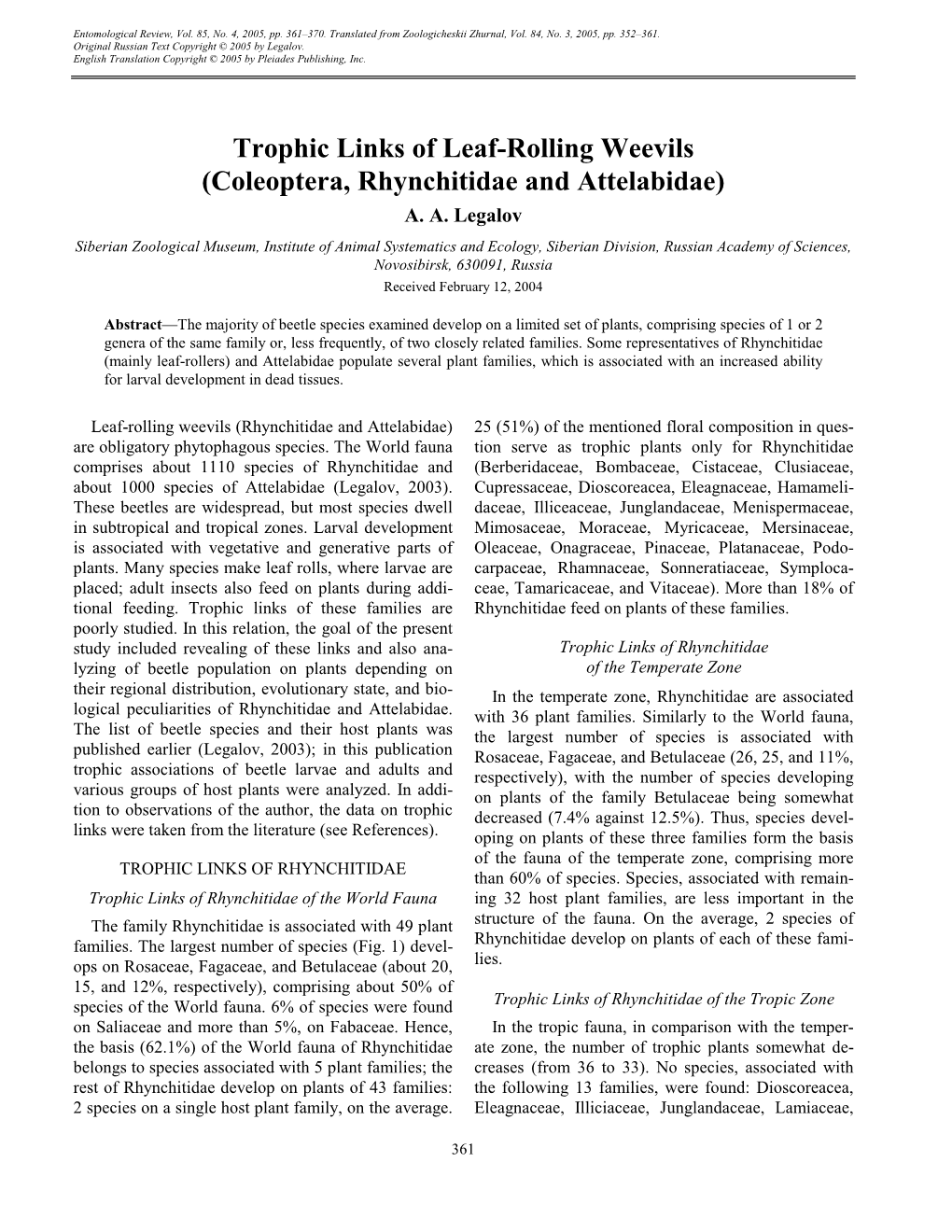 Trophic Links of Leaf-Rolling Weevils (Coleoptera, Rhynchitidae and Attelabidae) A