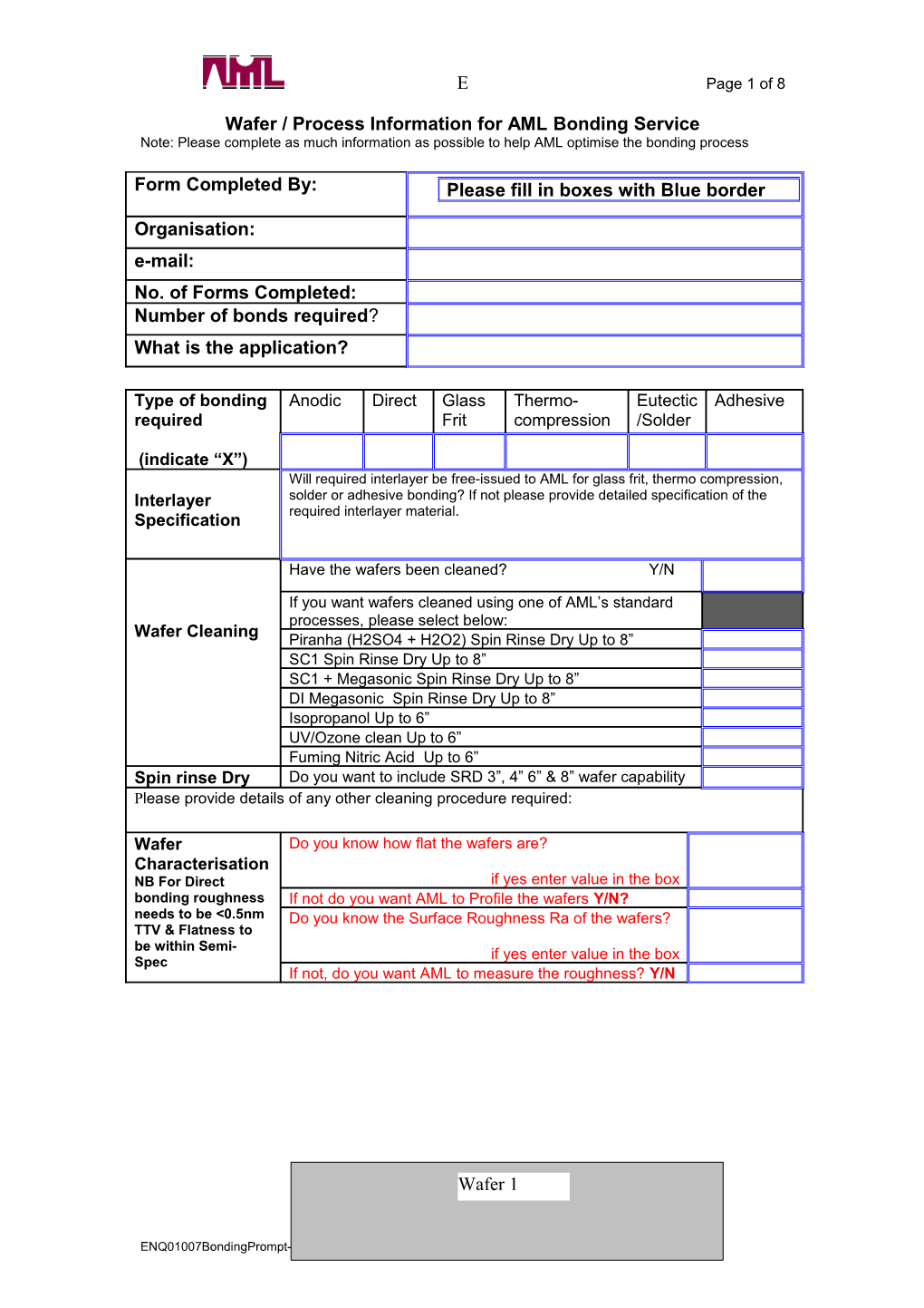 Wafer / Process Information for AML Bonding Service (3 Pages)