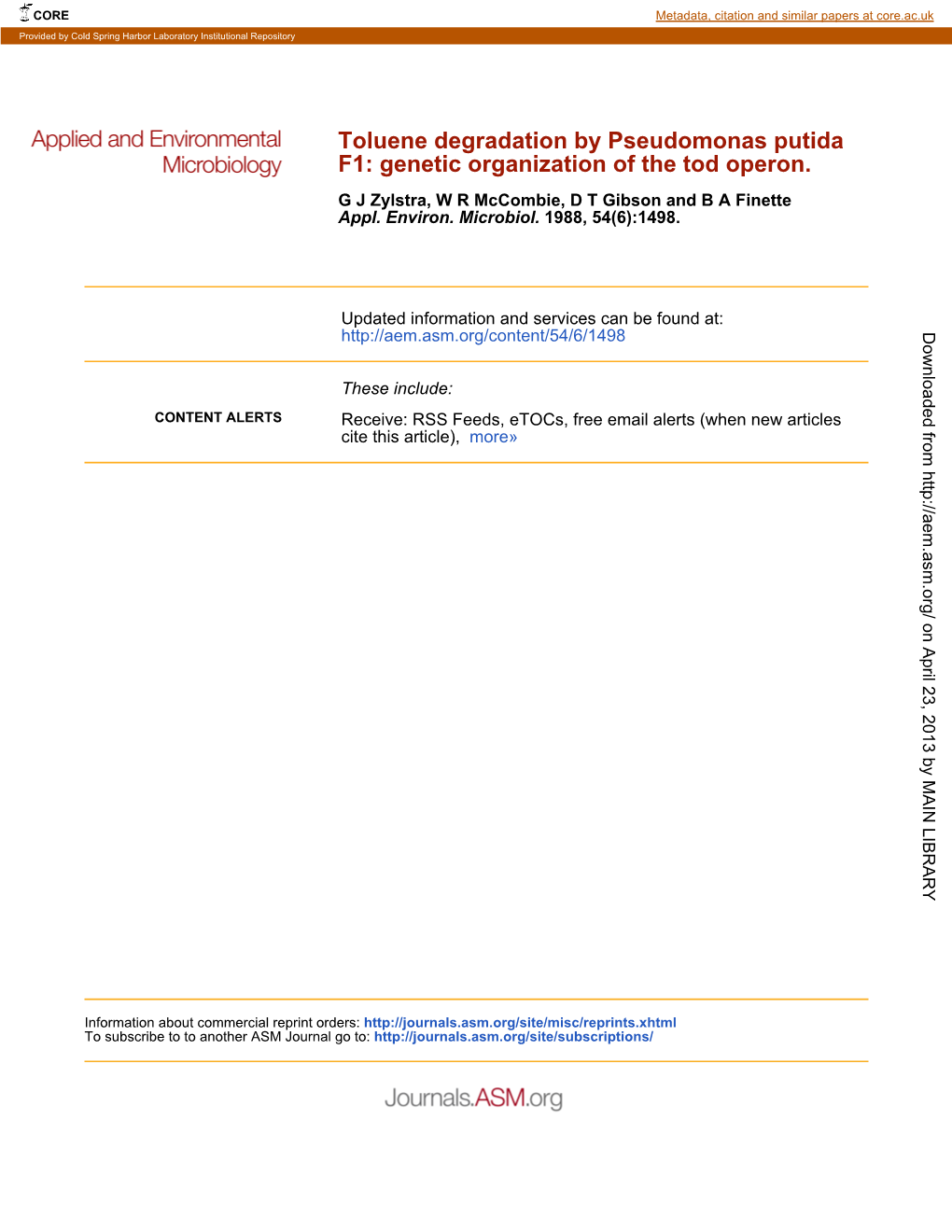 Genetic Organization of the Tod Operon. Toluene Degradation by Pseudomonas Putida