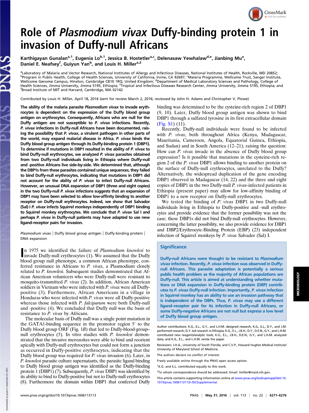 Role of Plasmodium Vivax Duffy-Binding Protein 1 in Invasion of Duffy-Null Africans