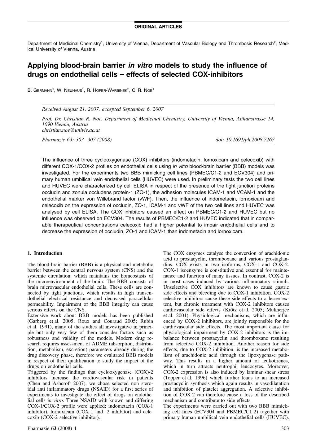 Applying Blood-Brain Barrier in Vitro Models to Study the Influence of Drugs on Endothelial Cells – Effects of Selected COX-Inhibitors