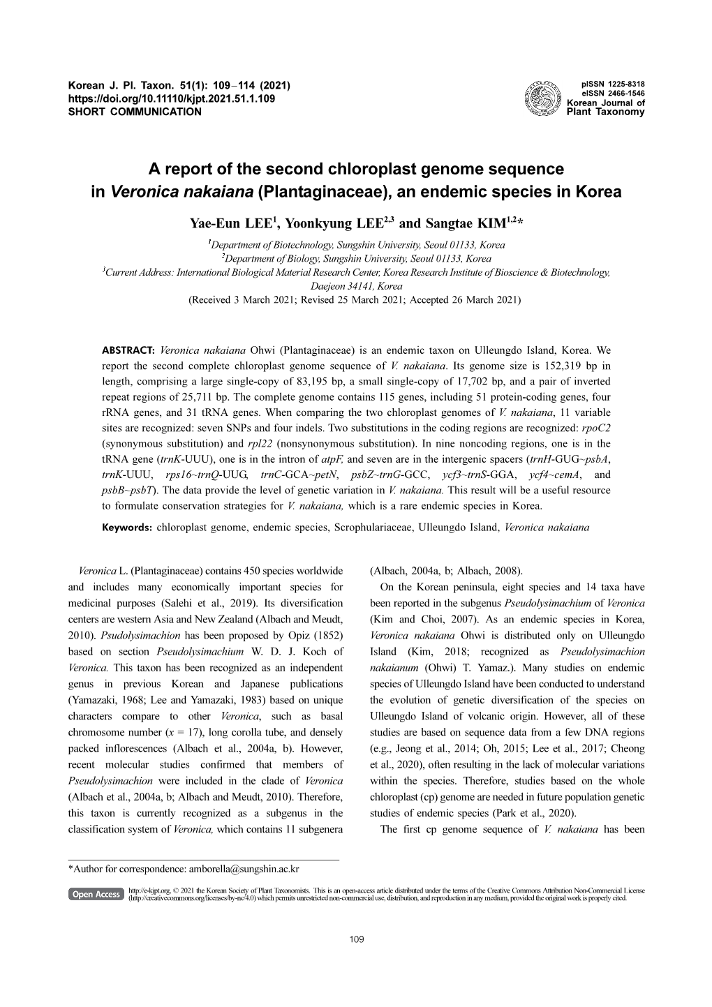 A Report of the Second Chloroplast Genome Sequence in Veronica Nakaiana (Plantaginaceae), an Endemic Species in Korea