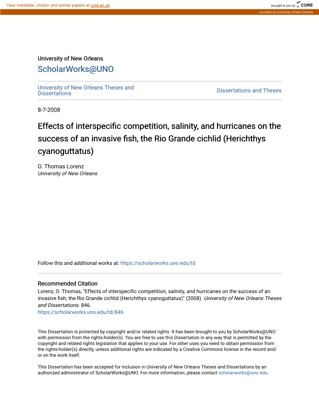 Effects of Interspecific Competition, Salinity, and Hurricanes on the Success of an Invasive Fish, the Rio Grande Cichlid (Herichthys Cyanoguttatus)