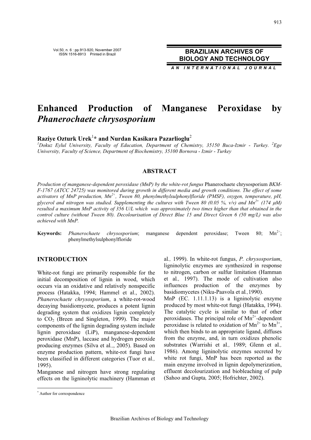 Enhanced Production of Manganese Peroxidase by Phanerochaete Chrysosporium