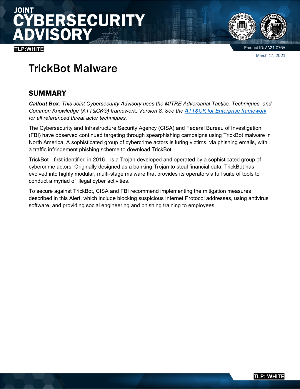 AA21-076A -Trickbot Malware