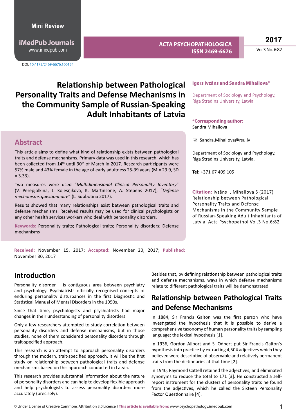 Relationship Between Pathological Personality Traits and Defense