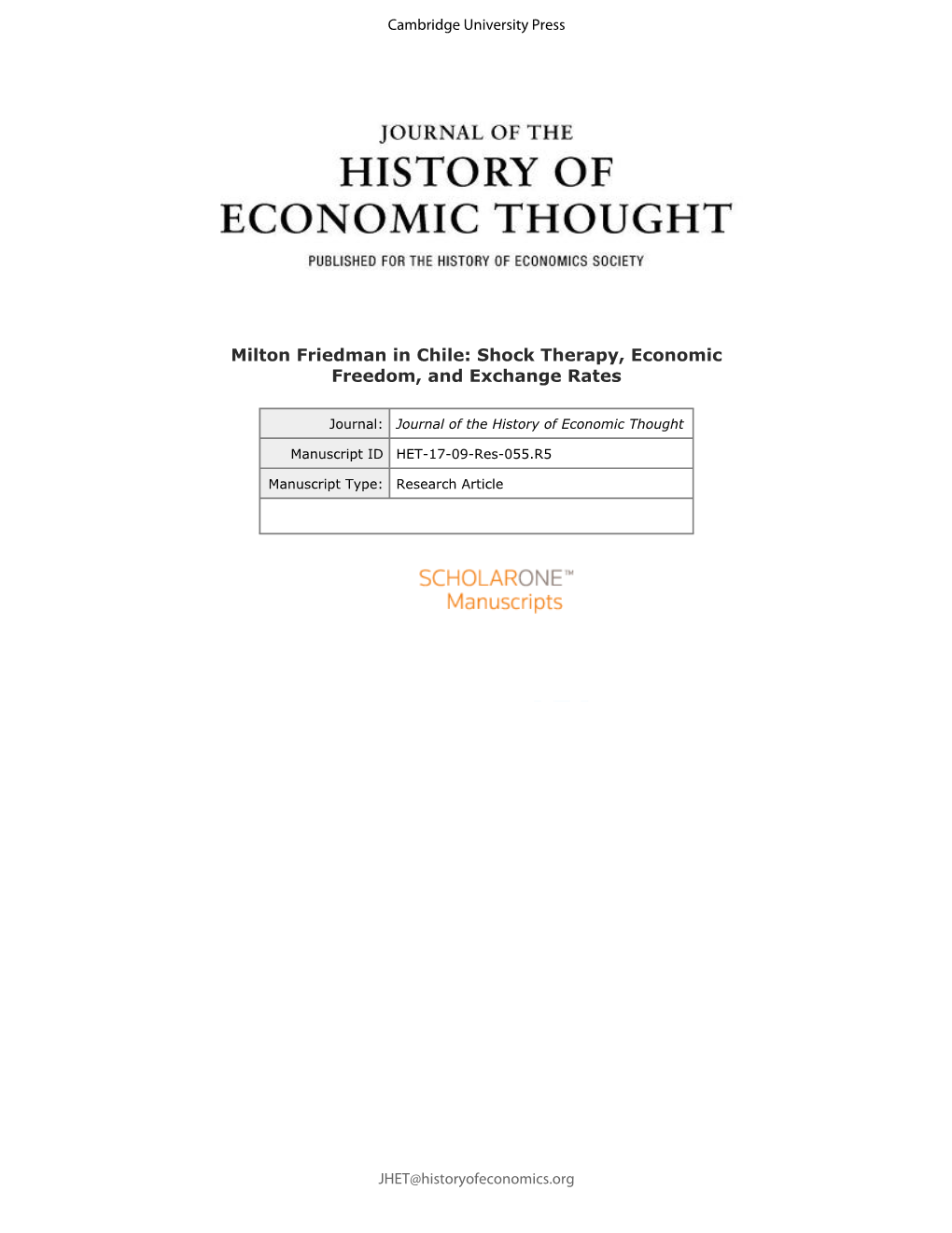 For Peer Review 20 Abstract 21 22 We Analyze Milton Friedman’S Two Visits to Chile, in March 1975 and November 1981