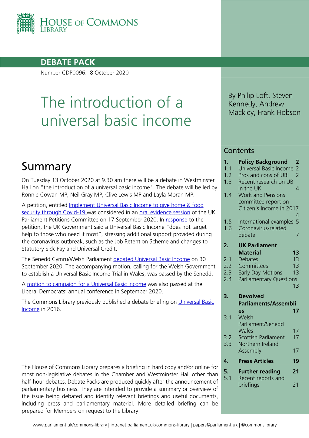 The Introduction of a Universal Basic Income"