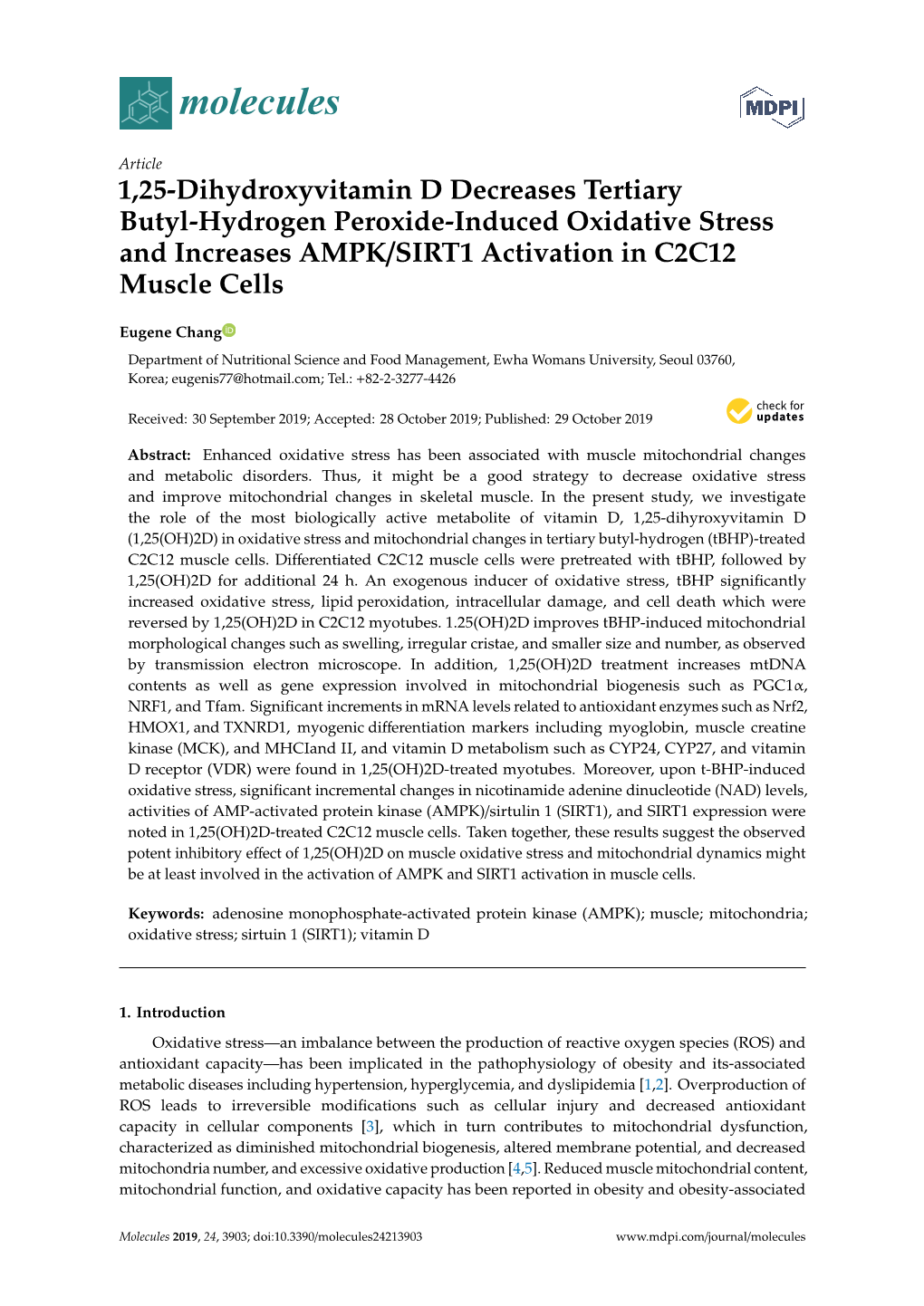 1, 25-Dihydroxyvitamin D Decreases Tertiary Butyl-Hydrogen Peroxide-Induced Oxidative Stress and Increases AMPK/SIRT1 Activation in C2C12 Muscle Cells