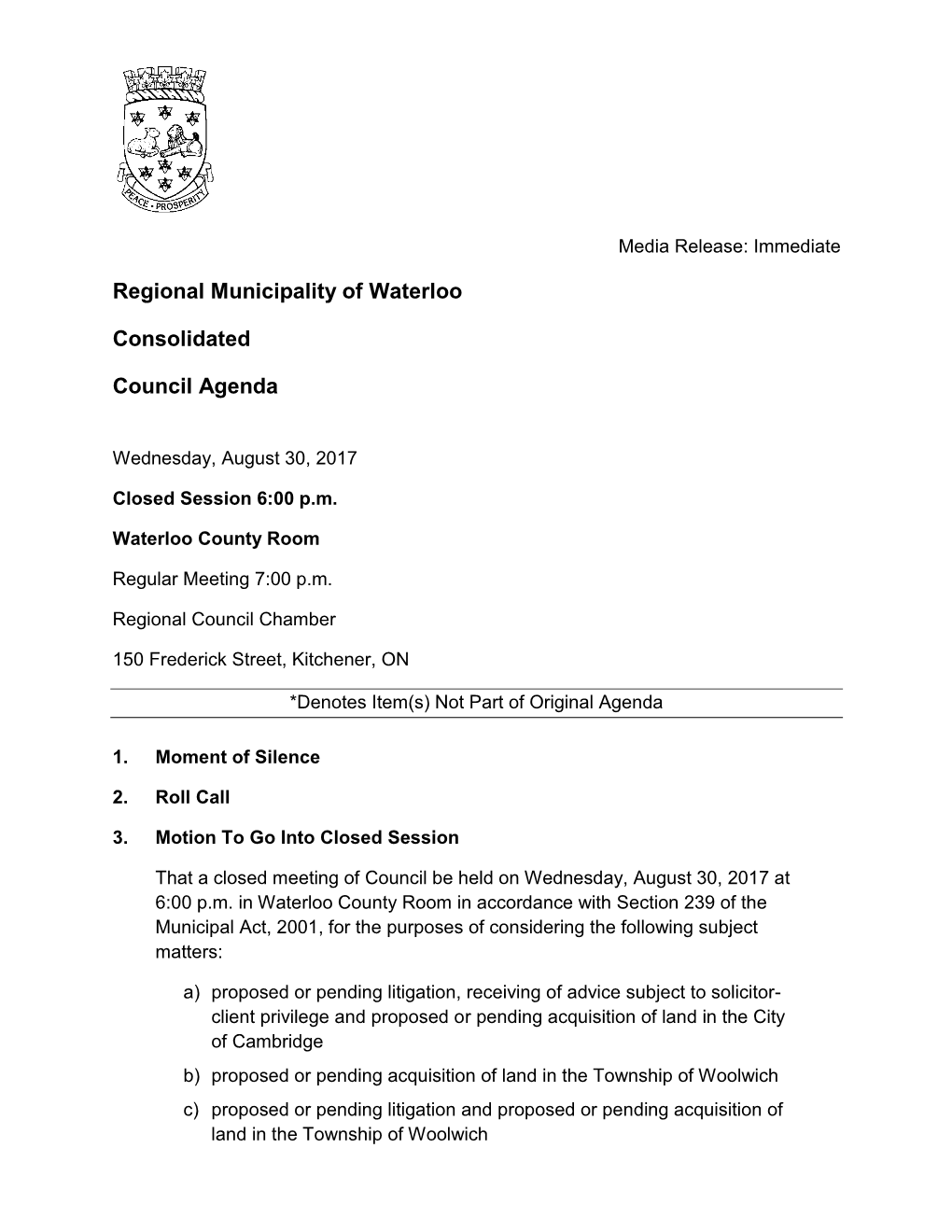 Regional Municipality of Waterloo Consolidated Council Agenda