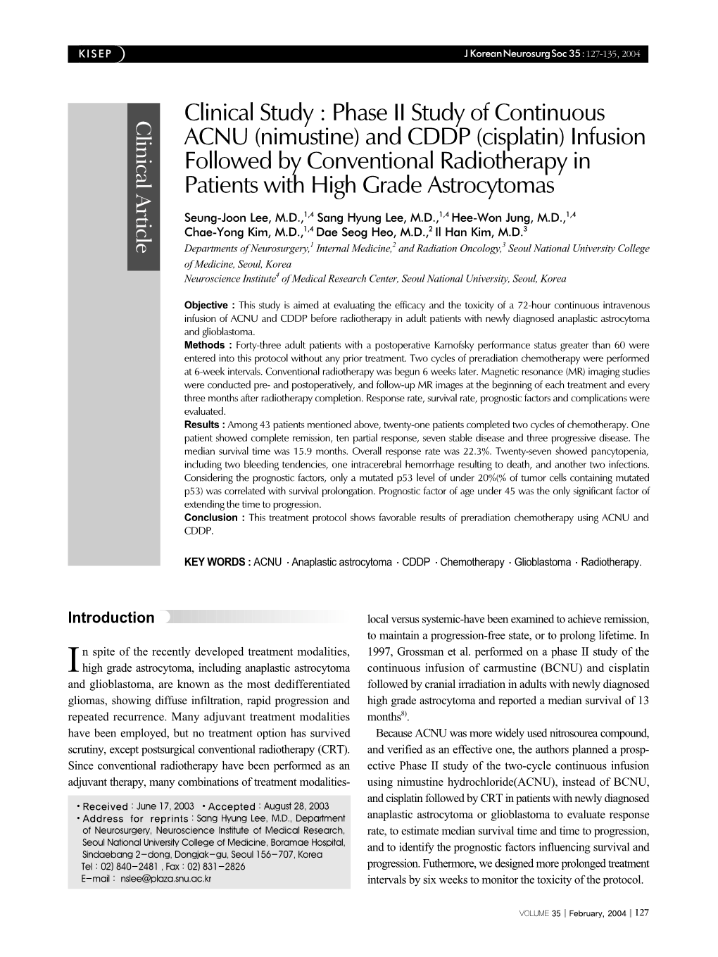 Clinical Study : Phase II Study of Continuous ACNU (Nimustine) And