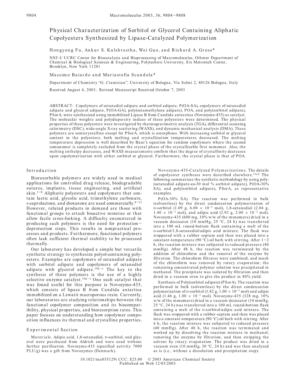 Physical Characterization of Sorbitol Or Glycerol Containing Aliphatic Copolyesters Synthesized by Lipase-Catalyzed Polymerization