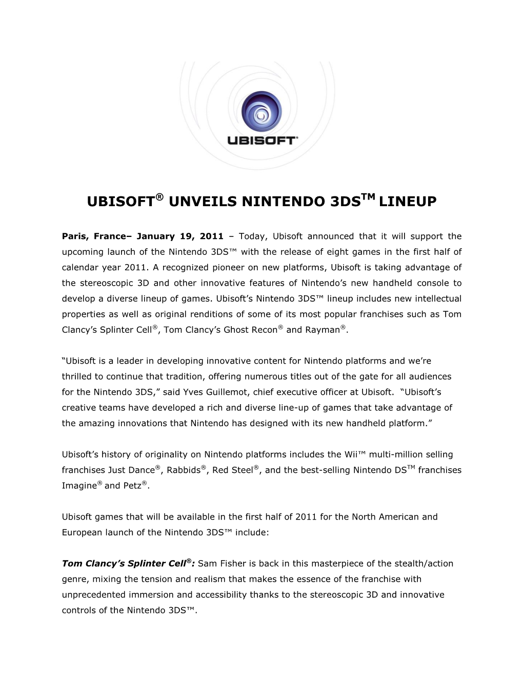 Ubisoft® Unveils Nintendo 3Dstm Lineup