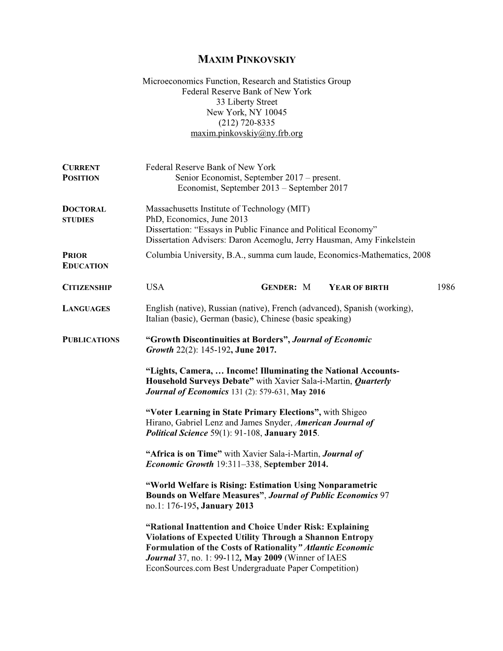 Maxim Pinkovskiy's CV