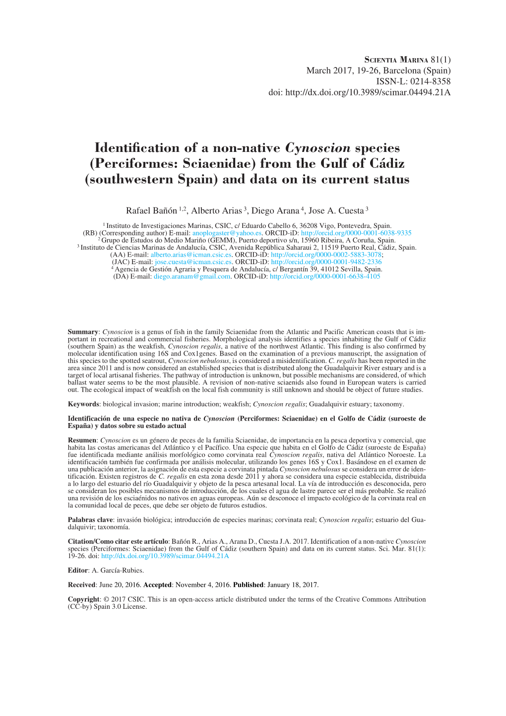 (Perciformes: Sciaenidae) from the Gulf of Cádiz (Southwestern Spain) and Data on Its Current Status