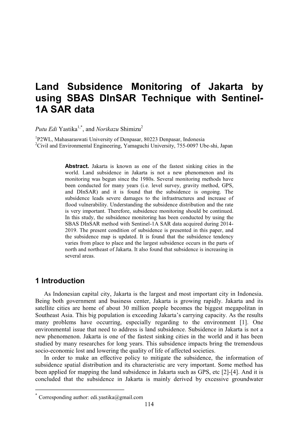 Land Subsidence Monitoring of Jakarta by Using SBAS Dinsar Technique with Sentinel- 1A SAR Data