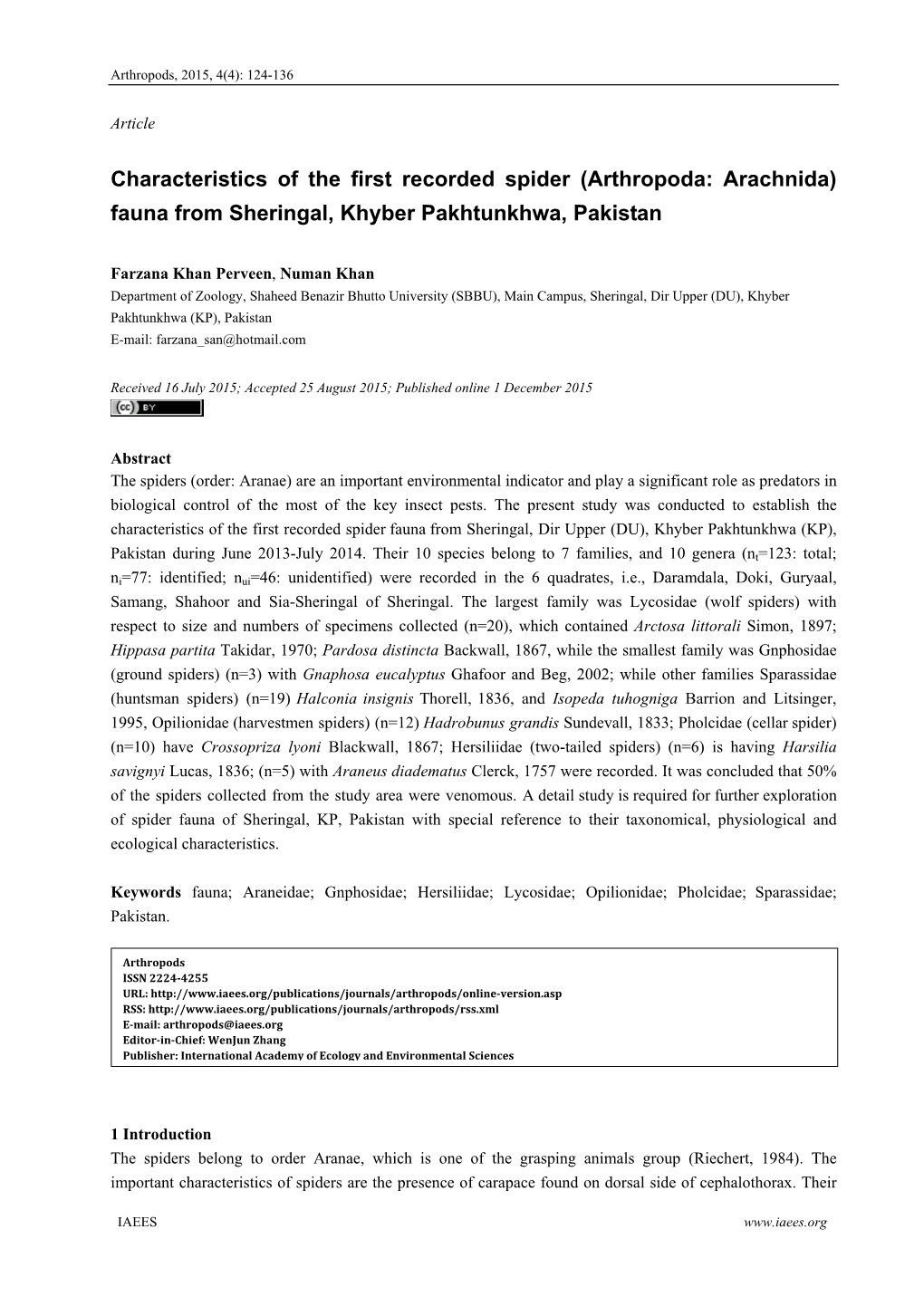 Characteristics of the First Recorded Spider (Arthropoda: Arachnida) Fauna from Sheringal, Khyber Pakhtunkhwa, Pakistan