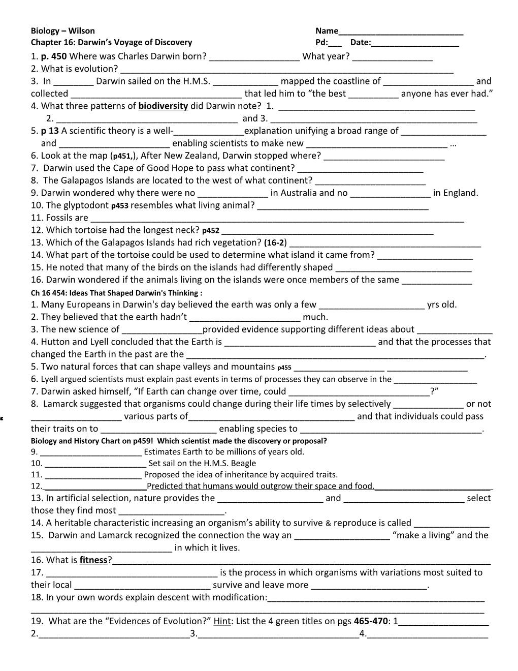 Biology Wilson Name______ Chapter 16: Darwin S Voyage of Discovery Pd:___ Date:______