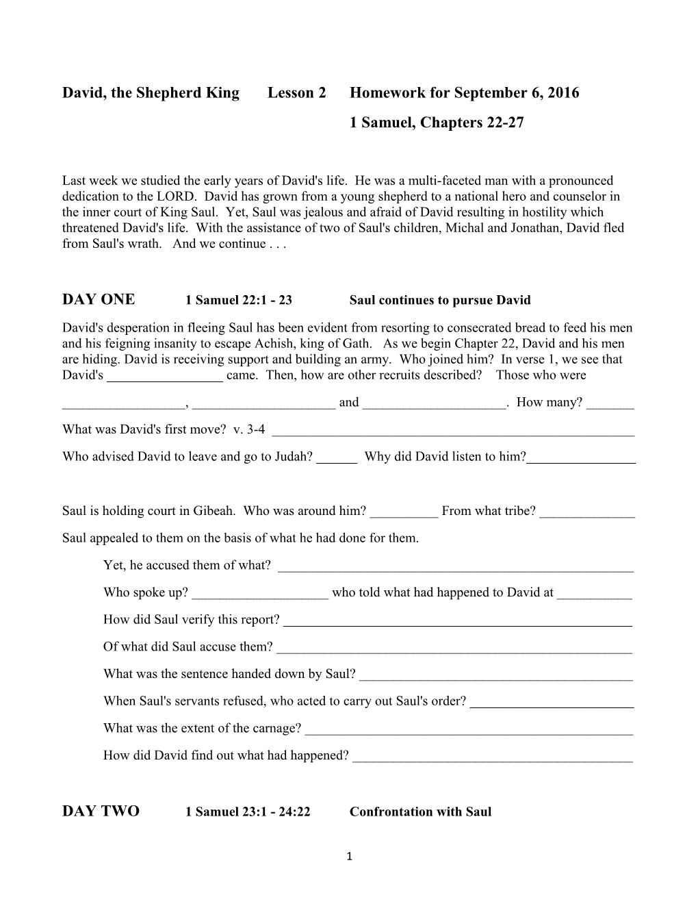 David, the Shepherd King Lesson 2 Homework for September 6, 2016