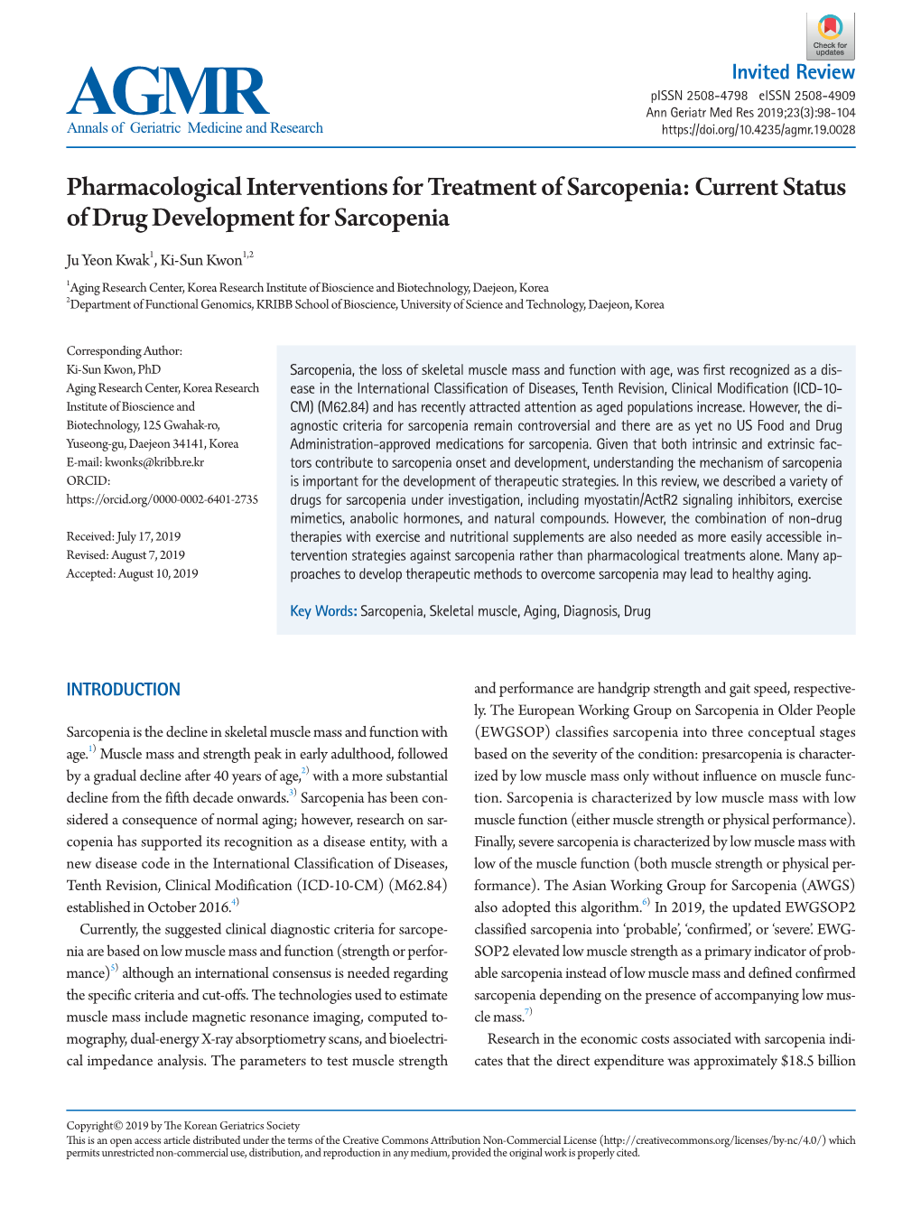 Current Status of Drug Development for Sarcopenia