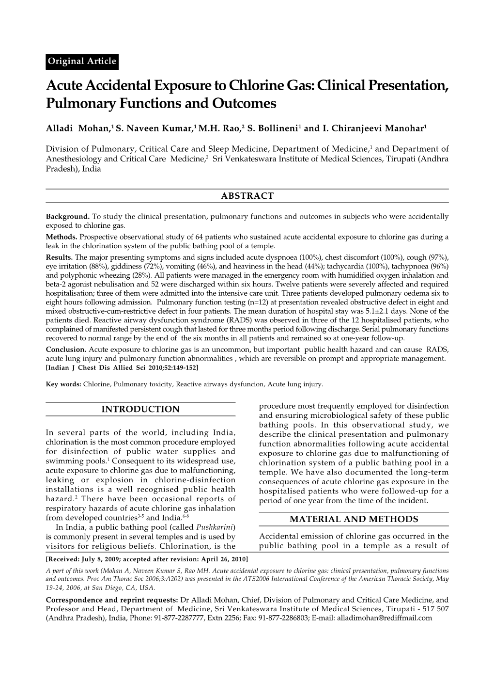 Acute Accidental Exposure to Chlorine Gas: Clinical Presentation, Pulmonary Functions and Outcomes