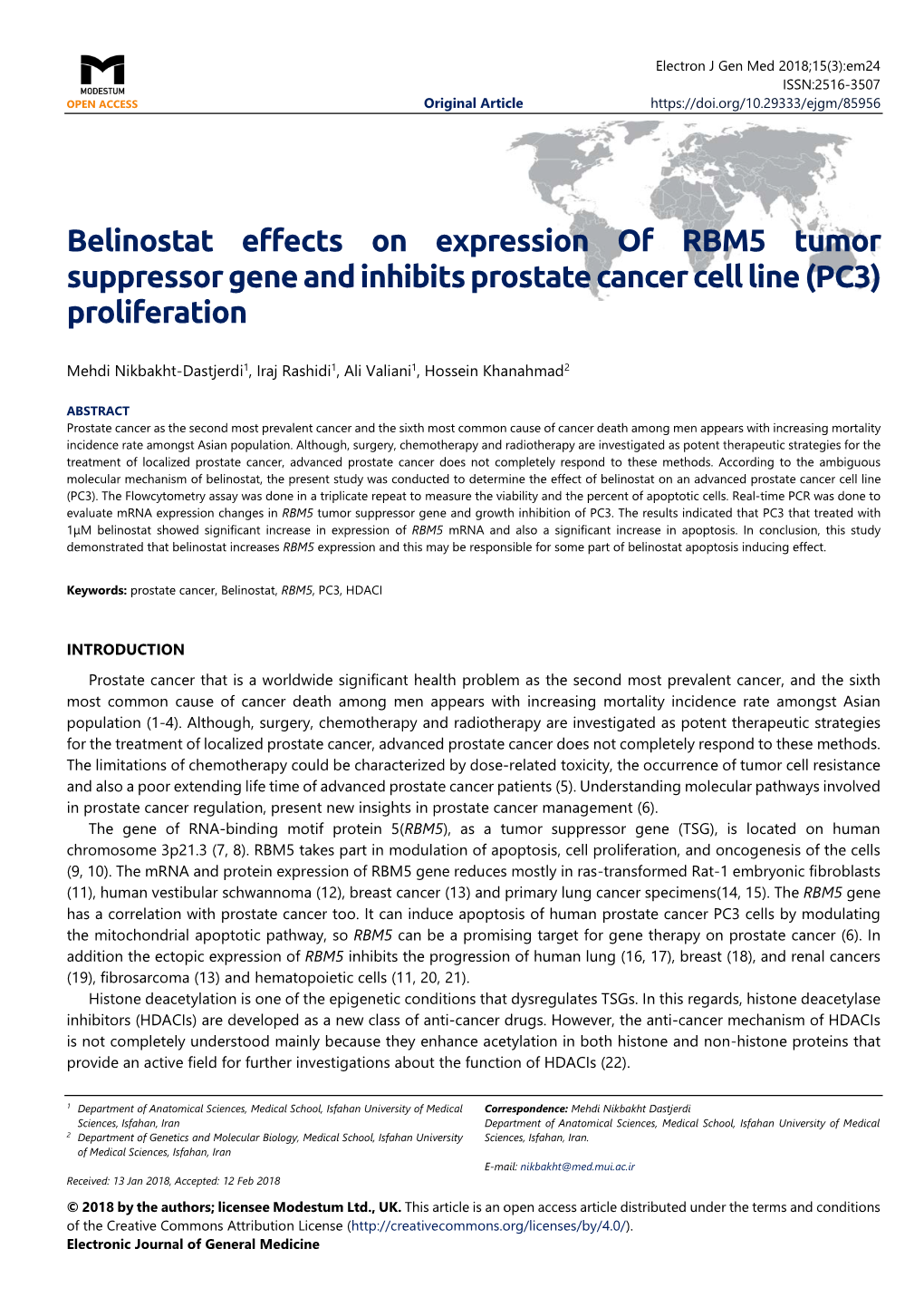 Belinostat Effects on Expression of RBM5 Tumor Suppressor Gene and Inhibits Prostate Cancer Cell Line (PC3) Proliferation