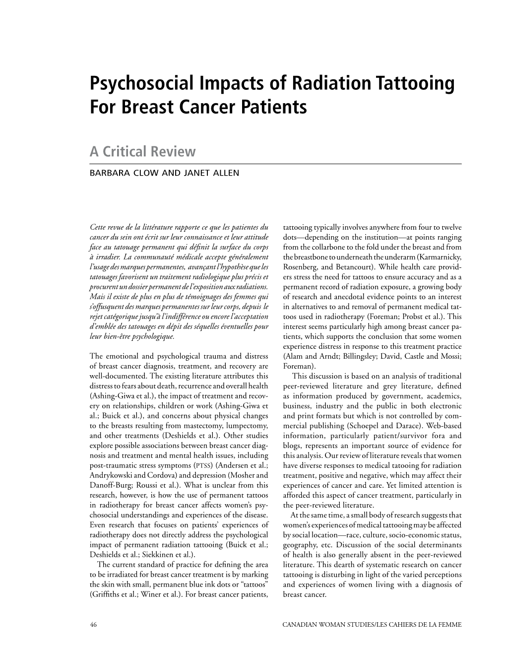 Psychosocial Impacts of Radiation Tattooing for Breast Cancer Patients