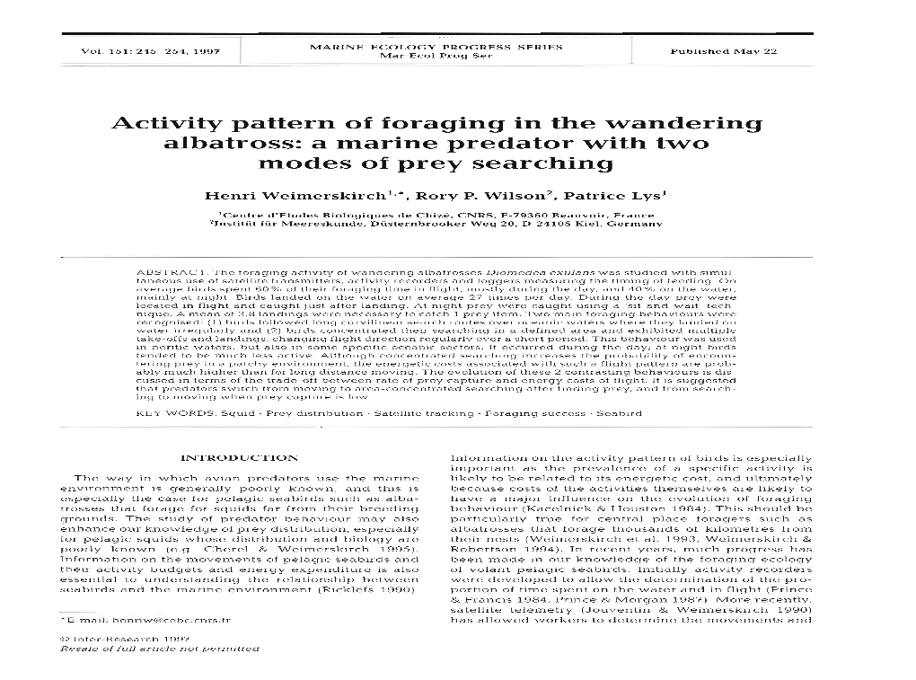 Activity Pattern of Foraging in the Wandering Albatross: a Marine Predator with Two Modes of Prey Searching