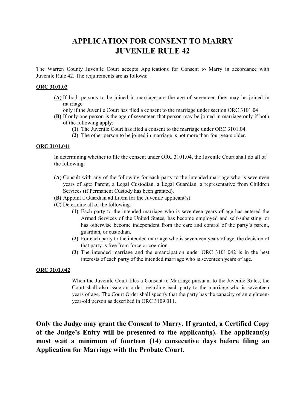 Application for Consent to Marry Juvenile Rule 42