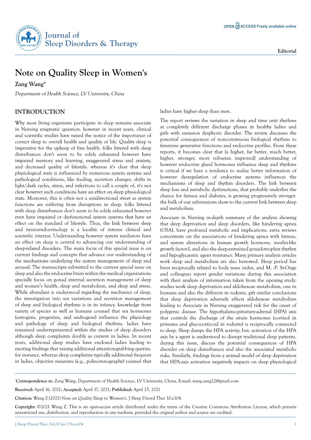 Note on Quality Sleep in Women's Zang Wang* Department of Health Science, LV University, China
