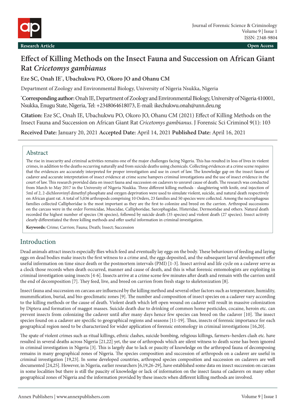 Effect of Killing Methods on the Insect Fauna and Succession on African