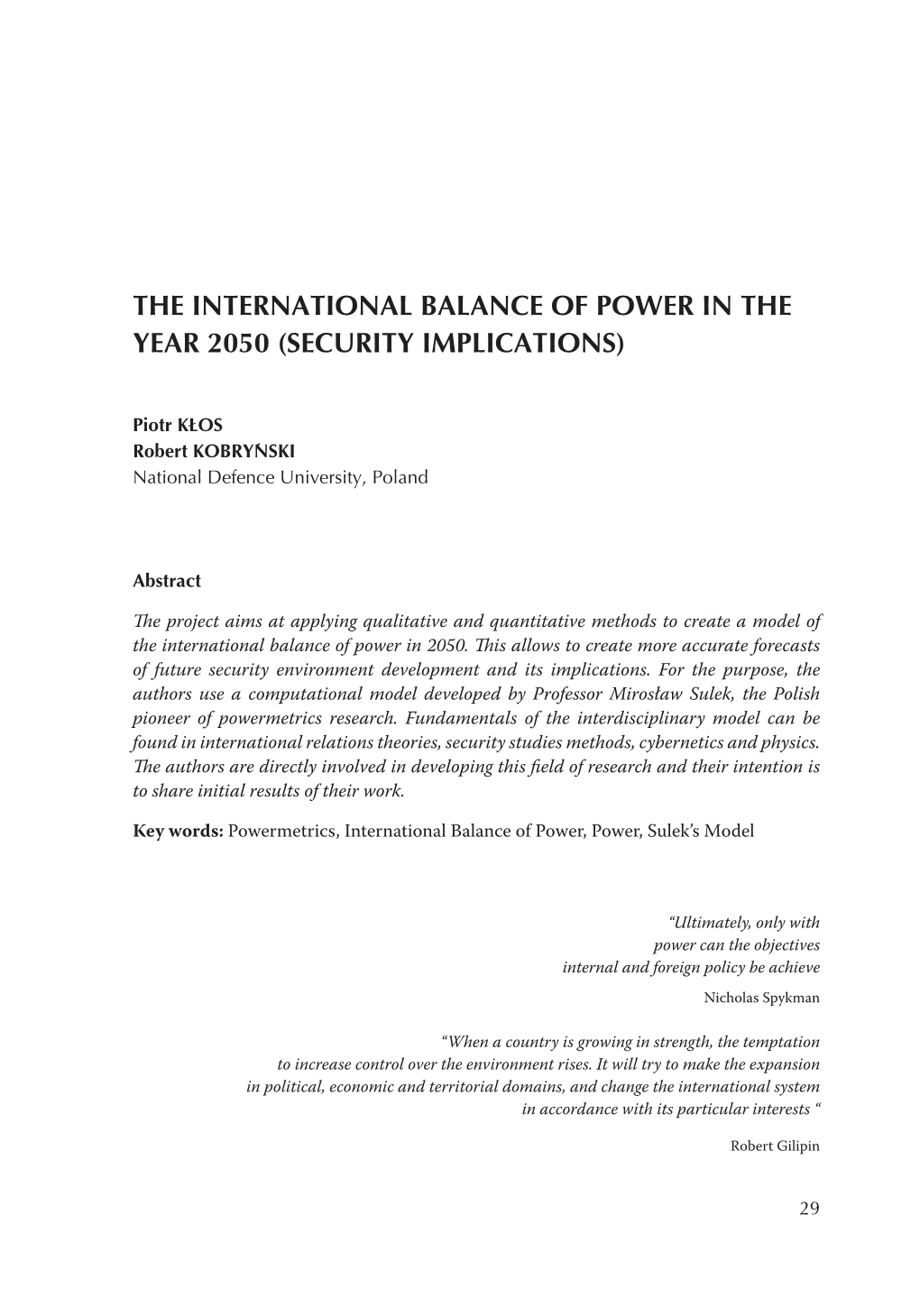 The International Balance of Power in the Year 2050 (Security Implications)