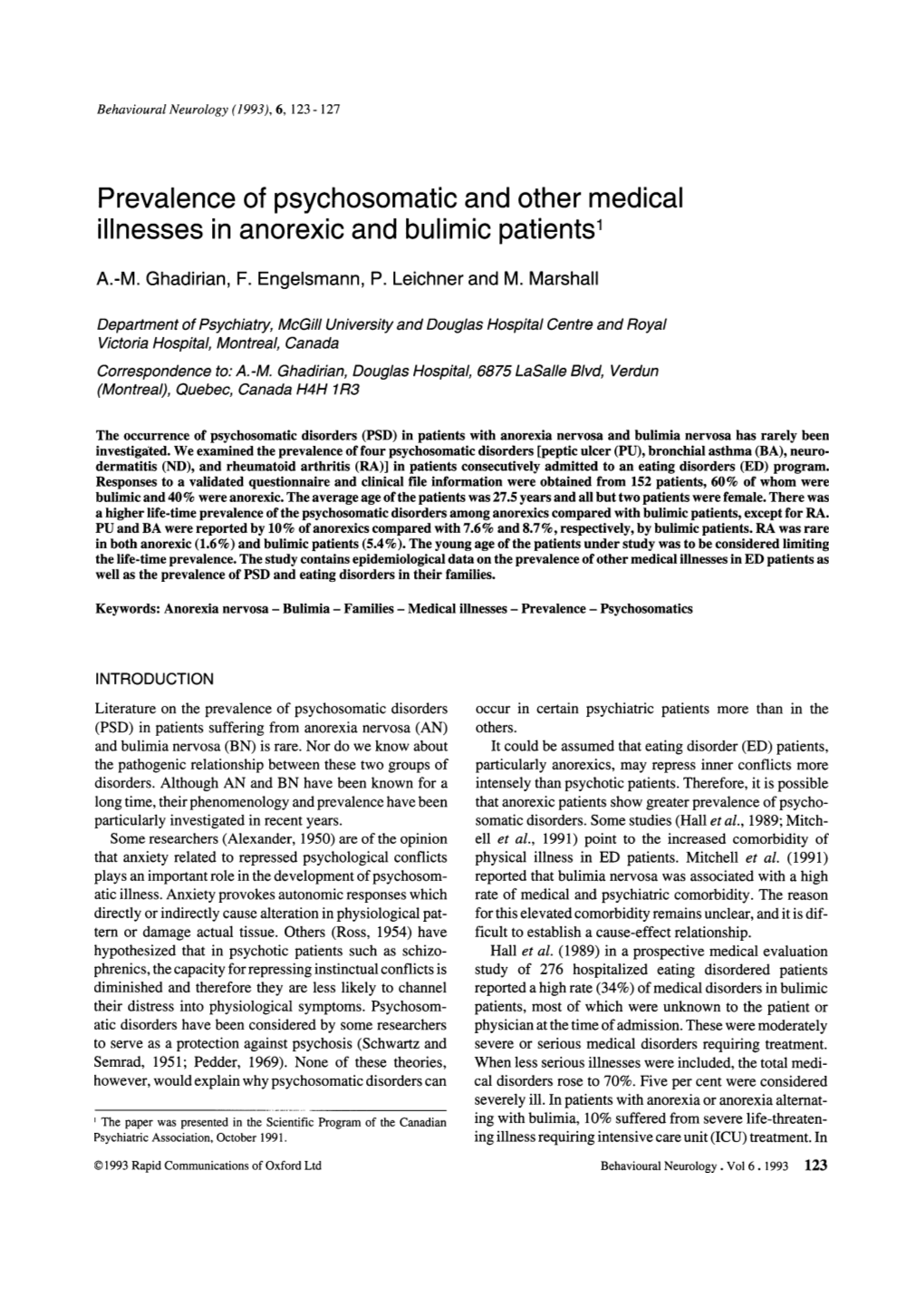 Prevalence of Psychosomatic and Other Medical Illnesses in Anorexic and Bulimic Patients 1