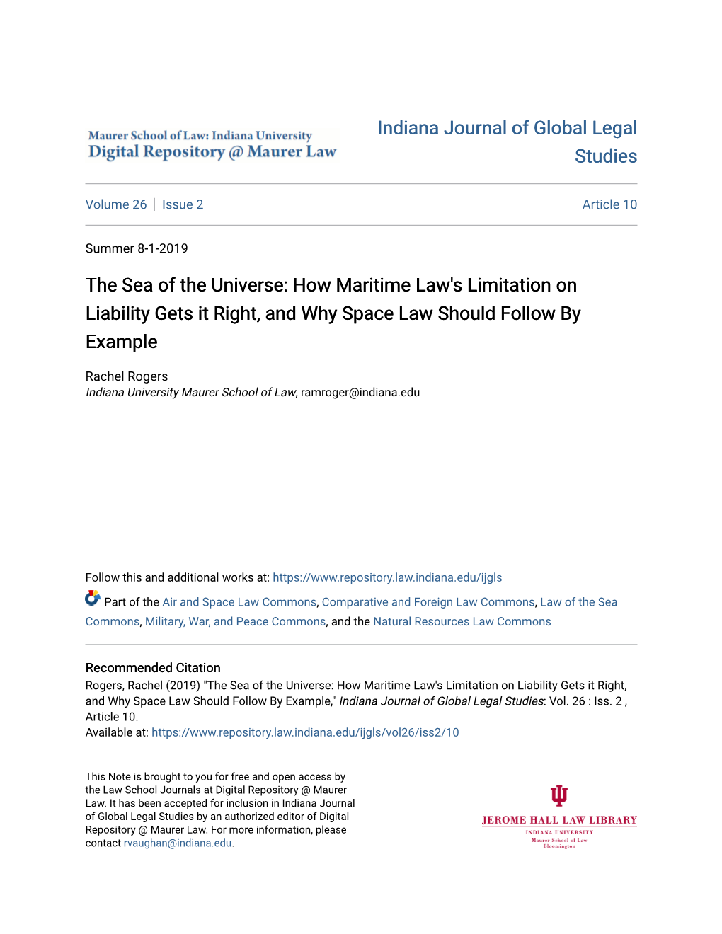 How Maritime Law's Limitation on Liability Gets It Right, and Why Space Law Should Follow by Example