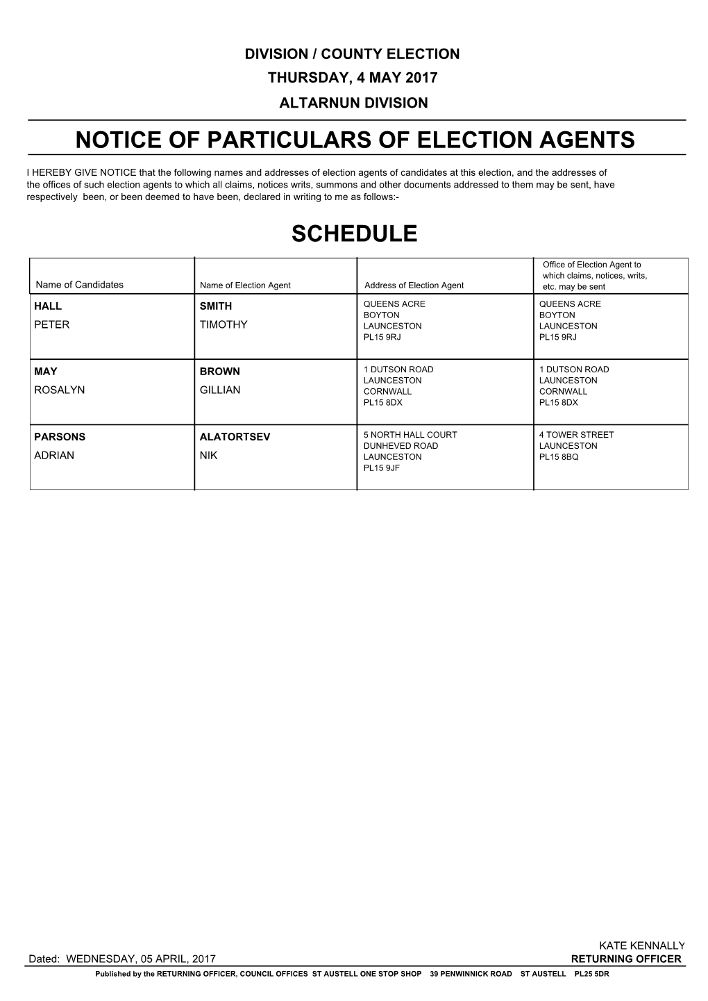 Notice of Particulars of Election Agents Schedule