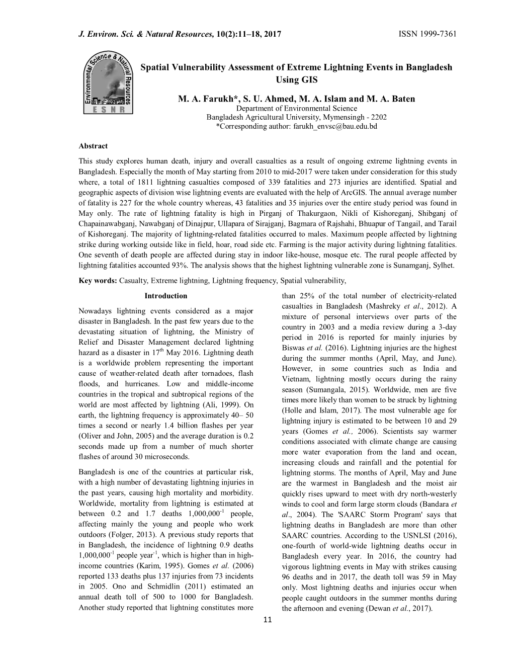 Spatial Vulnerability Assessment of Extreme Lightning Events in Bangladesh Using GIS